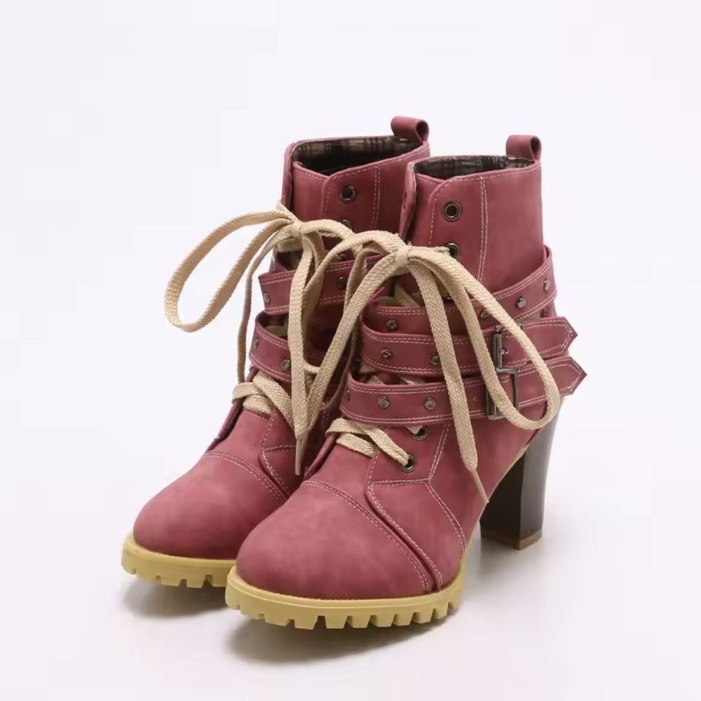 Tan and Pink Heeled Boots with Rugged Sole